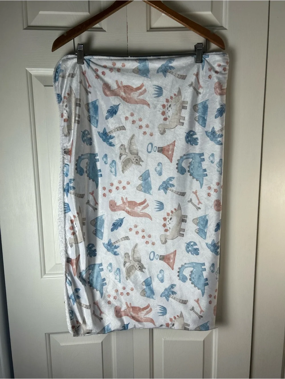 Blue White Dinosaur Baby Blanket Volcano Palm Tree Sherpa Clouds Mountains Bones